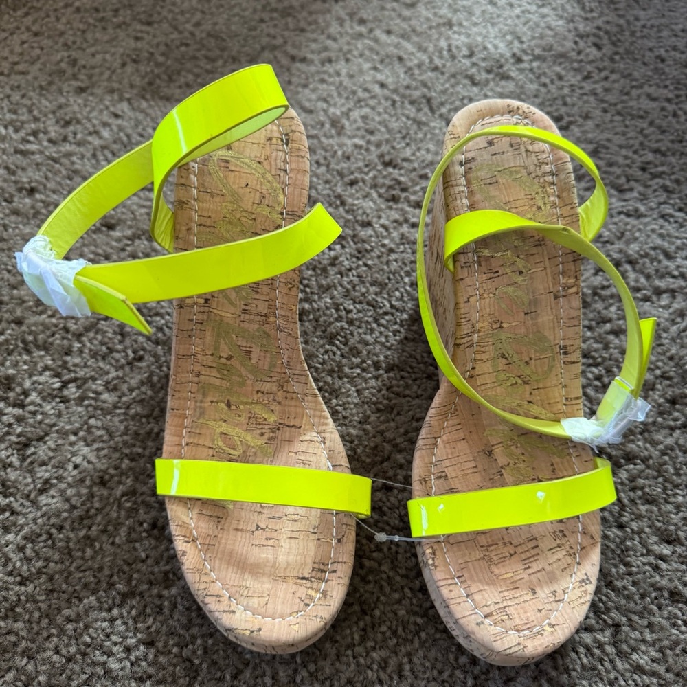 Neon Yellow Cork Wedge Sandals - Women's Open Toe Slip-On - Picture 3 of 7